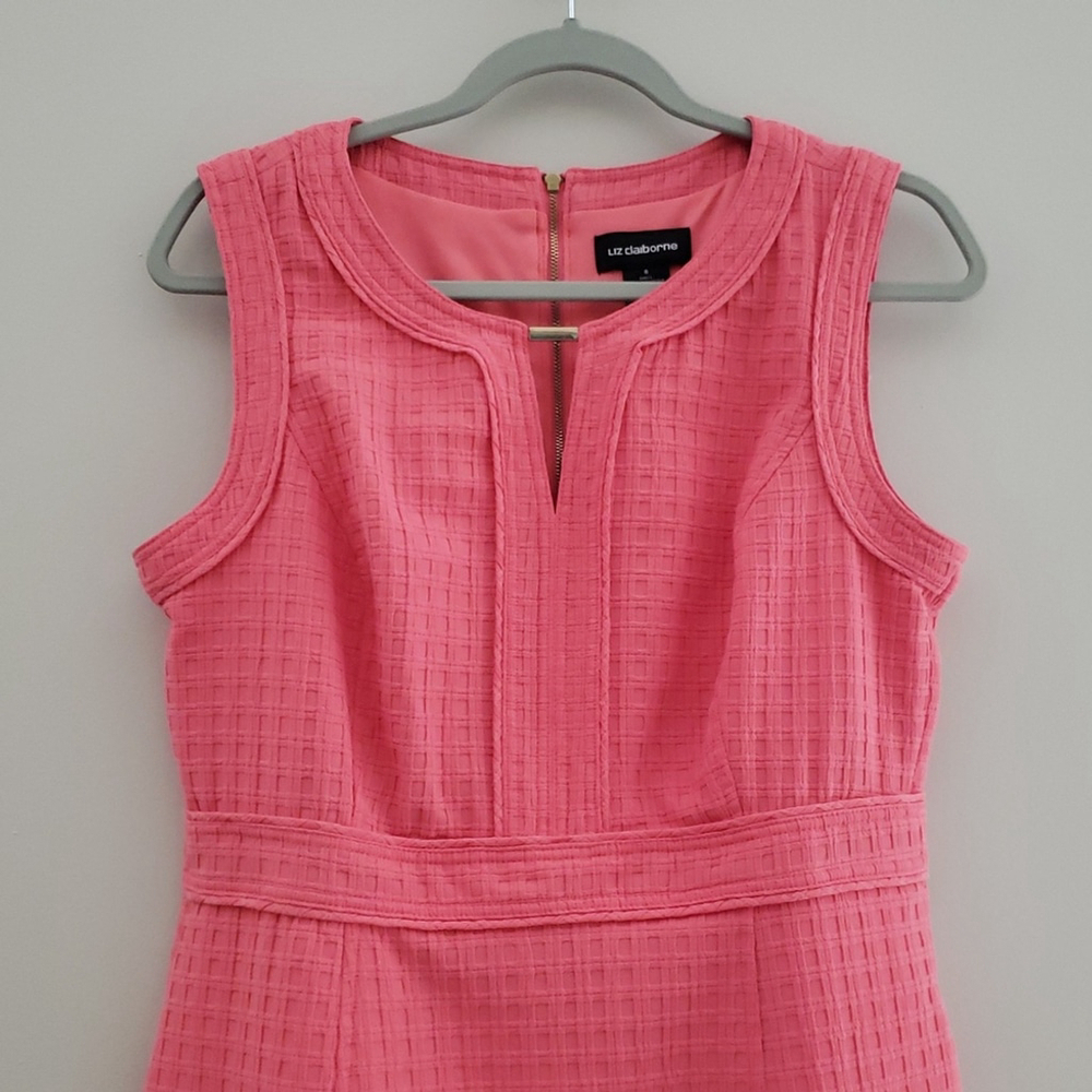 Liz Claiborne Midi Sheath Dress 8 Pink Basketweave Pockets Lined Work Office - Picture 2 of 16